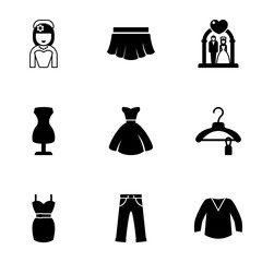 9 dress filled icons set isolated on white background. Icons set with bride, skirt, wedding ceremony, sewing mannequin, bride dress, Clothes, jeans, blouse icons.