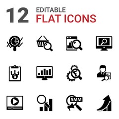 12 graph filled icons set isolated on white background. Icons set with Marketing analytics, Marketing research, Web analytics, Business Planning, SEO monitoring, analytics app icons.