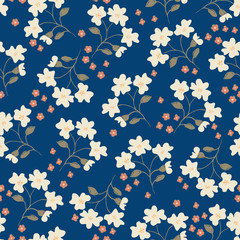 Fototapeta na wymiar Floral Seamless Pattern on Dark Blue Background
