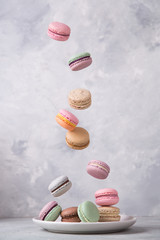 Sweet french macaroons falling in motion on grey background. Pastel colored flying macaroons cookies. Food, culinary and cooking concept