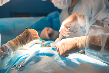 An international team of doctors performs a complex surgical operation on a patient under anesthesia. Modern operating room and experienced surgeons save lives