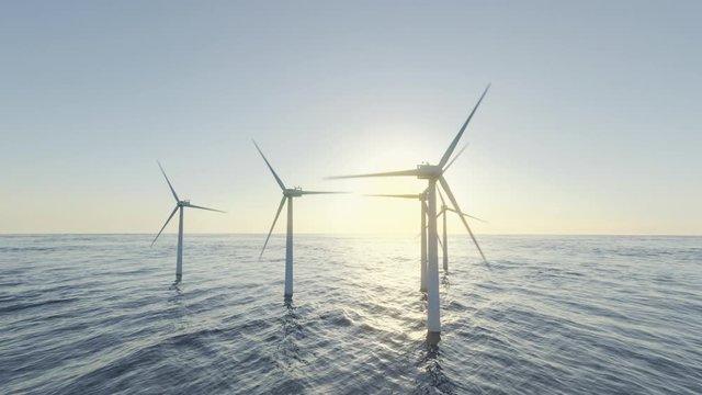 Wind turbines generating alternative and clean green energy, wind farm in the ocean, climate change solution, rotational pan, aerial 3d render