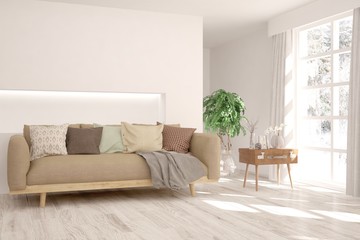 Stylish room in white color with sofa. Scandinavian interior design. 3D illustration