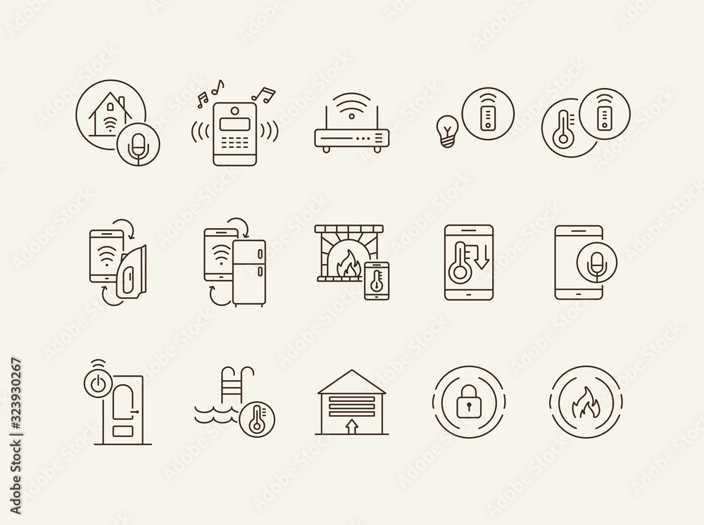 Poster Smart House and Technology vector icons. Thin line contours. Smart house concept. Flat illustration can be used for web design, interface, mobile application, infographics, advertising