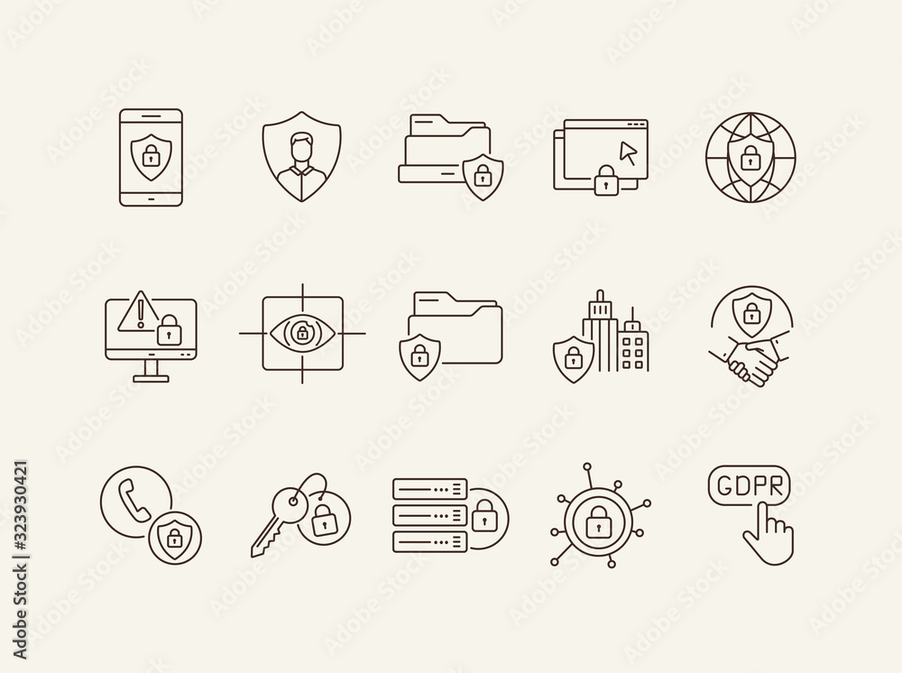Aufkleber cyber security line icon set. database, national security, privacy, lock isolated outline sign pack.