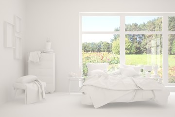 Stylish bedroom in white color with summer landscape in window. Scandinavian interior design. 3D illustration