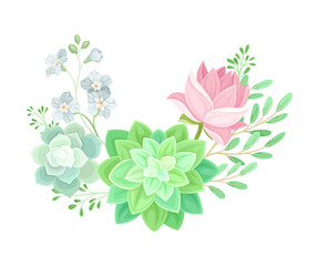 Floral Composition of Tender Colorful Succulent Plant Arranged with Botanical Twigs Vector Illustration