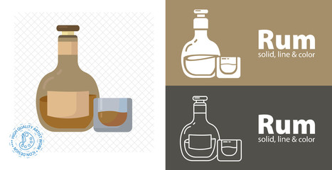 rum bottle with glass flat design. vector illustration.