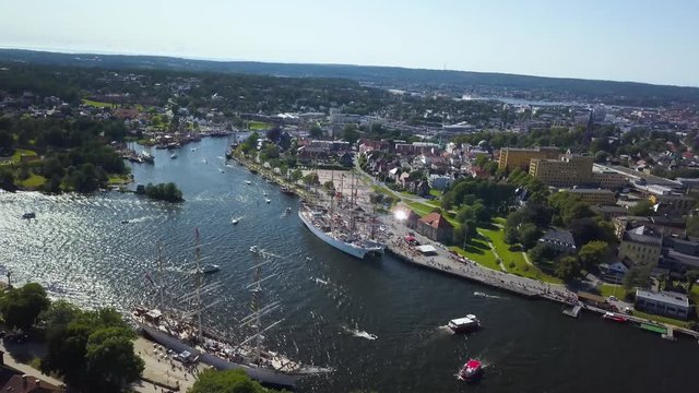 Aerial view of Statsraad Lehmkuhl during Tall Ship Race in Fredrikstad Norway
