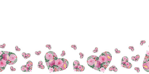 mothers day hearts background, watercolor horizontal seamless border design, valentines day decoration, love concept with cute floral hearts 