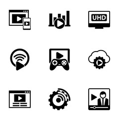 9 stream filled icons set isolated on white background. Icons set with Adaptive Streaming, Bitrate, 4K Streaming, Livestream, Game streaming, service, Video blog icons.