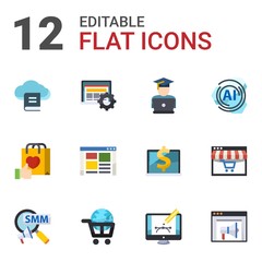 12 banner flat icons set isolated on white background. Icons set with Email Marketing, Interactive Course, eCommerce website, Brand engagement, front end, AI Pattern, Social Marketing icons.