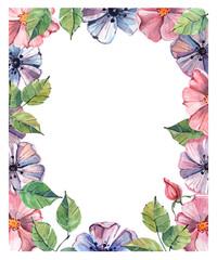 Frame background made of watercolor spring flowers. Hand-drawn roses, leaves and branches on a white background. For invitations, cards, wedding decor. Place for text
