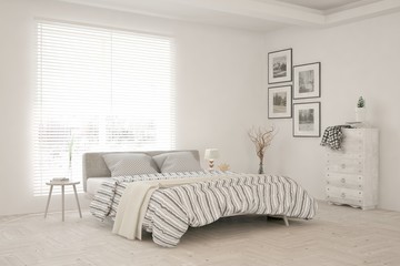 Stylish bedroom in white color. Scandinavian interior design. 3D illustration