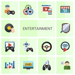14 entertainment flat icons set isolated on white background. Icons set with DJing, Game streaming, NPC, RPG, gamer, Casino, Adaptive Streaming, Audio Conference, Bitrate icons.