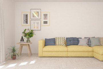 Stylish room in white color with sofa. Scandinavian interior design. 3D illustration