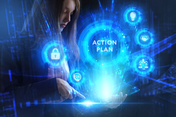 Business, Technology, Internet and network concept. Young businessman working on a virtual screen of the future and sees the inscription: Action plan