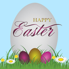 Happy Easter handwritten calligraphy lettering with colorful eggs and grass. Vector illustration.