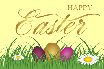 Happy Easter handwritten calligraphy lettering with colorful eggs and grass. Vector illustration.