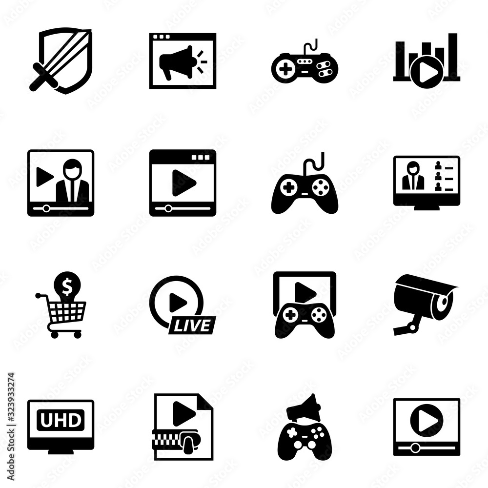 Wall mural 16 video filled icons set isolated on white background. icons set with rpg, video training, joystick