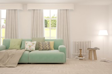Mock up of stylish room in white color with sofa. Scandinavian interior design. 3D illustration