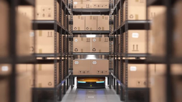 Autonomous Robot Or AGV Moves Rack With Cardboard Boxes In Automated Warehouse. Seamless Looping POV Shot. Automated Warehouse Of The Future Concept. Realistic High Quality 3d Rendering Animation.