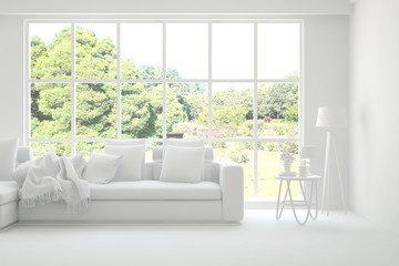 Mock up of stylish room in white color with sofa and green landscape in window. Scandinavian interior design. 3D illustration