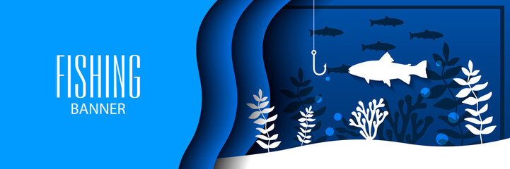 Fototapeta na wymiar Fishing horizontal banner. Fish and hook on the background of the underwater world. Paper cut vector illustration.