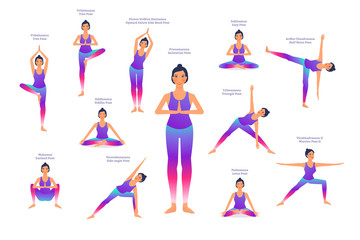 Fototapeta na wymiar set of woman in different yoga poses, names of asanas text, flat style vector illustration