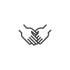 2 Hands together line icon. linear style sign for mobile concept and web design. Two hands holding each other outline vector icon. Symbol, logo illustration. Vector graphics