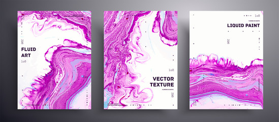 Abstract acrylic poster, fluid art vector texture set. Trendy background that can be used for design cover, invitation, flyer and etc. Purple, white and blue unusual creative surface template