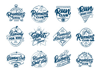 Set of vintage run emblems and stamps. Blue badges, templates and stickers for Running club, school on white background