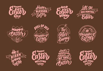 Set of vintage Happy Easter phrases. Pink emblems, badges, templates, stickers on brown background