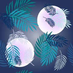 Fototapeta na wymiar seamless pattern with stylized blue and gray palm leaves on a dark blue background and light circles of the moon