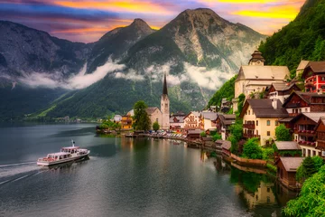 Beautiful Hallstatt village in Alps at sunset, Austria