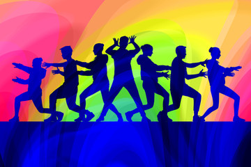 Silhouettes of teenagers dance modern dance in different poses and emotions on a bright multicolored background. A group of happy teenagers dancing and having fun. Dance is life.