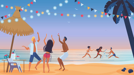 Young people friends dancing on the beach cartoon vector illustration. Young men and women, boys and girls dancing at sunset evening beach party and have fun in ocean water