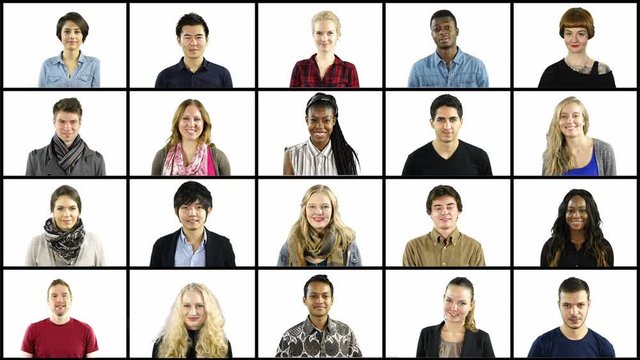 Collage Of Multiple Young People Portraits In Squares On Grid – Diverse And Multi-cultural On White Background - Stock Video Clip Footage