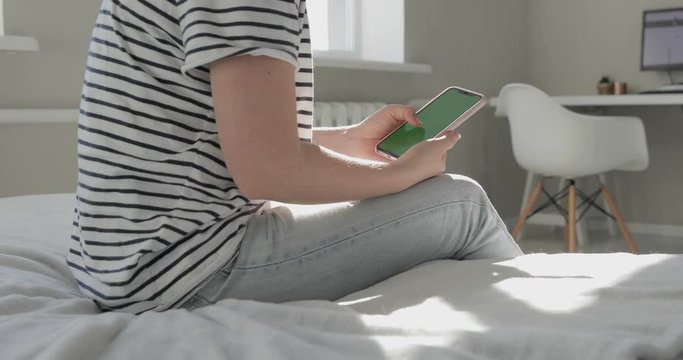 Woman Hand Using Mobile Smartphone, Green Screen. Iphone Xs, 11 Pro Max