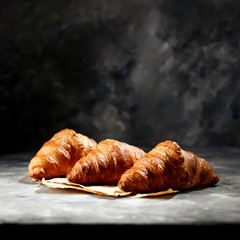Fresh croissant on dark mood background and copy space for your product. 