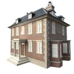 A 3D rendered 3D model of an old classic house isolated on a white background