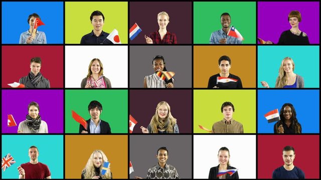Collage of Multiple young people waving national flags in Squares on Grid – Diverse and Multi-cultural on Multicoloured background - Stock Video Clip Footage