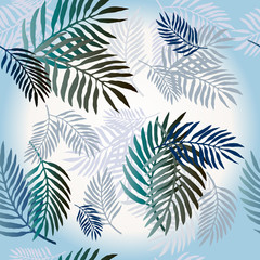 seamless pattern with stylized blue and gray palm tree leaves isolated on white background