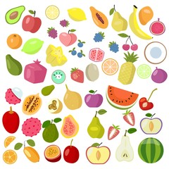 Set of fruits on a white background, different tropical fruits and berries. Exotic fruit set. Vector. EPS 10.