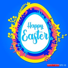Vector happy easter greeting card with flowers cut out of paper. EPS 10.