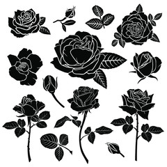 Silhouette of a rose flower set - obrazy, fototapety, plakaty