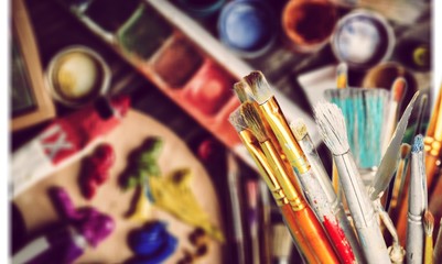A different set of artist paint brushes and paints