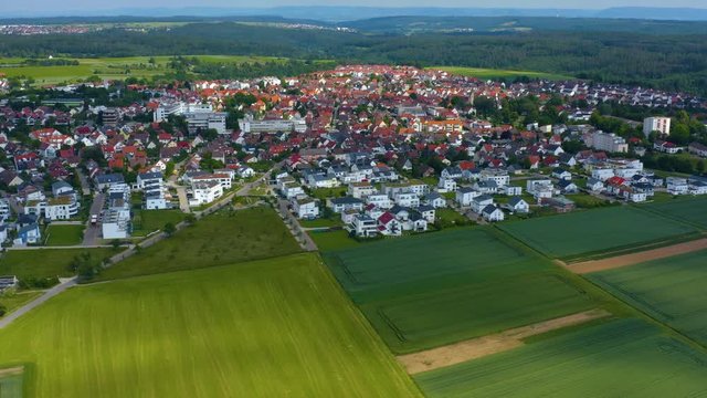 Aerial view of Schönaich in Germany. Wide view with pan to the right.