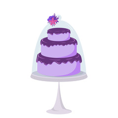 Delicious layered cake on a stand decorated with flowers. Cake for a wedding or birthday. Vector illustration of baking for decorating windmills, banners and cards.