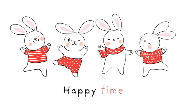 Draw collection rabbit on white Doodle cartoon style.